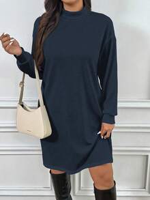 SHEIN Frenchy Plus Size Solid Color Stand Collar Casual Long Sleeve Dress New Year Party - Blue - View 3