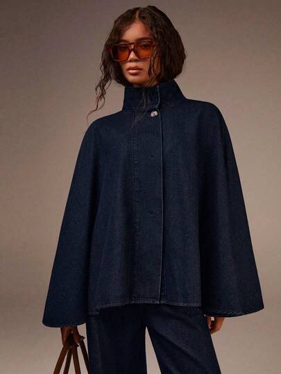 Athîral Women's Deep Indigo Denim Cape Coat | Structured Denim Fabric, Oversized Flared Cape Silhouette, Raised Stand Collar, Wide Draped Sleeves, Minimal Front Button Closure, Seamless Detailing, Unisex Street Neutral Style, Warm Autumn Winter Outerwear, Cape Top, Women Fall , Outerwear Women, Fall For Women, New Year