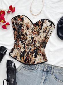 Soleia 复古宫廷风彩色花卉提花印花抹胸，纽扣和系带设计，适合度假 - 彩色 - 查看 3