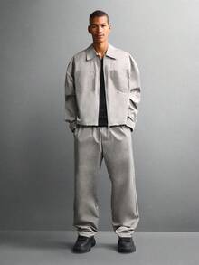 SUMWON 宽松版型衬衫套装，搭配直筒裤，轻盈尼龙材质，工装风休闲装，秋冬系列，纯色 - 灰色 - 查看 1