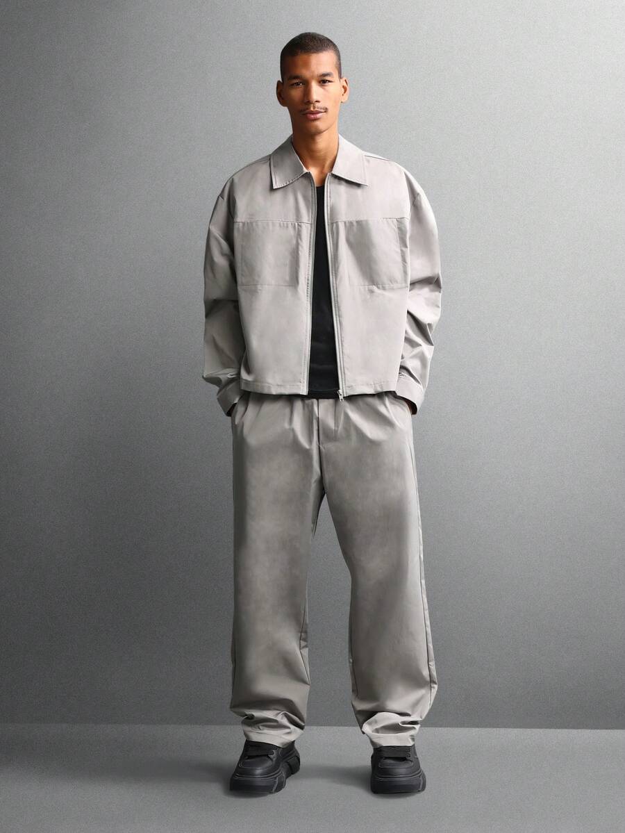 SUMWON 宽松版型衬衫套装，搭配直筒裤，轻盈尼龙材质，工装风休闲装，秋冬系列，纯色 - 灰色 - 查看 1