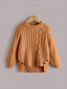 SHEIN Genkimix Kids 年轻女孩和年轻女孩毛衣，优雅可爱的粗针织不对称下摆纽扣饰边套头衫，柔软高品质休闲百搭毛衣，适合学校、户外、秋冬 - 駝色 - 查看 1