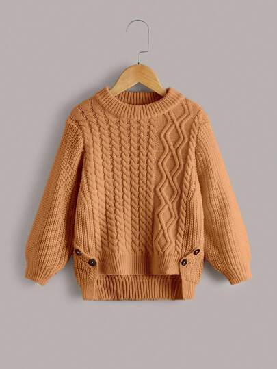 SHEIN Genkimix Kids Tröja för ung flicka och ung flicka, elegant och söt kabelstickad tröja med asymmetrisk fåll och knappkant, mjuk och mångsidig tröja av hög kvalitet för skolan, utomhus, höst/vinter