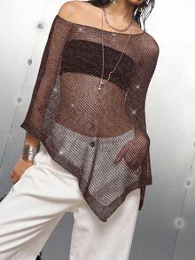 LYSMO 女士咖啡棕色纯色不对称领披肩领网纱透视衬衫，性感派对适合外出、街头服饰、Grunge摇滚和朋克时尚、Y2K和万圣节装扮，2025年秋季极简哥特风格 - 咖啡棕 - 查看 3