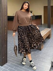 Dazy Petite Plus Black Leopard Print Mesh Patchwork Sweatshirt Dress, Spring/Autumn - Brown - View 3