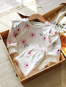 Vintaside Kids Conjunto de sudadera de cuello redondo de manga larga con estampado floral de felpa y pantalones casuales para niñas pequeñas Vintaside, adecuado para acampar y estar en casa, ideal para el tiempo libre al aire libre o en interiores en otoño