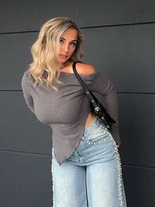 Jeta Ari Grunge Asymmetrical Neck Rib-Knit Tee - Dark Grey - View 5