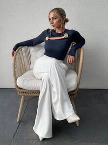 Jeta Ari Mid Rise Tailored Long Wide Leg Trousers Only Spring Summer Sexy Elegant Prom Vacation Occasion Office Work Fall - White - View 5