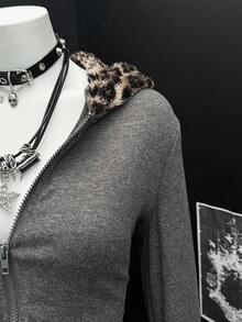 SHEIN PETITE Women's Leopard Faux Fur Hooded Gray Jacket - Grey - View 5