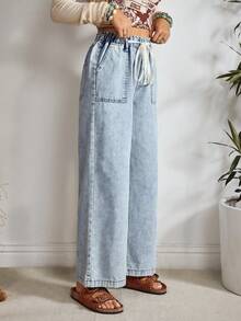 EMERY ROSE Pantalones vaqueros de pierna ancha con cordón y lavado casual para vacaciones - Azul - Ver 5