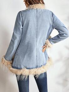 EMERY ROSE Women's Regular Shoulder Long Sleeve Fur Collar Fashion Versatile Denim Jacket - Blue - View 2