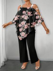 Elenzga 大码女式优雅黑色碎花雪纺衬衫搭配银色丝带装饰连体裤 - 黑色 - 查看 3