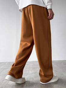 Manfinity Homme Men's Solid Color Drawstring Waist Pocket Casual Sweatpants Wide Leg Sweatpants Brown Pants Brown Sweatpants Men Orange Jogging Pants Flare Sweat Pants - Rust Brown - View 2