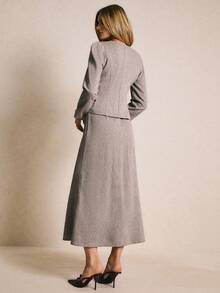 Poéselle Women's Elegant Brown Tweed Suit Set,Vintage Check Single-Breasted Bubble Sleeve Jacket & Midi Skirt,Grey Autumn Office Fall Winter Clothes,Elegant - Brown - View 8
