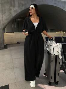 SHEIN EZwear Bộ đồ liền thân hoodie đen thường ngày cỡ lớn - màu đen - Xem 4