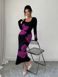 Elenzga Gaun Sweater Bodycon Rajut Jacquard Leher Persegi - Purple - View 3