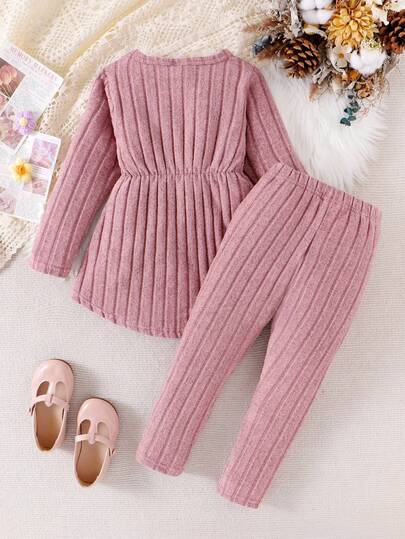SHEIN Elladie kids 2 件装年轻女孩针织字母刺绣花卉长袖不对称上衣和裤子套装，秋季可爱休闲装