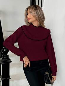Elenzga Women's Casual Colorblock Ruffle Trim Sweater, Autumn/Winter - Burgundy - View 3