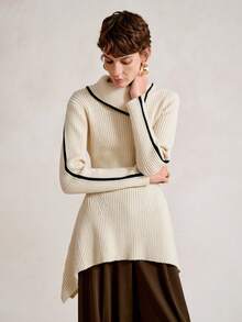 SHEIN Stylify 女式不对称领合身优雅针织套头衫，百搭秋冬装 - 米色 - 查看 5