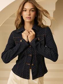 Aralina Women's Front Button Long Sleeve Casual Denim Jacket, Fashionable & Versatile - Dark Wash - View 4