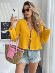 Chiquease 女式纯色系带长袖短款衬衫，春夏女式衬衫 - 黃色 - 查看 4