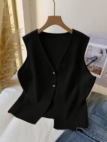 CosyJoli 秋冬大码舒适休闲优雅金属扣针织无袖毛衣背心 - 黑色 - 查看 7