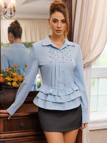 Relinas Blusa casual de estilo callejero con pliegues de burbuja plateada tejida en azul para mujer, primavera/otoño