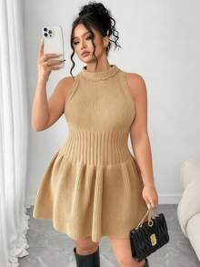 Elenzga Váy len không tay dáng rộng thời trang thu đông cho nữ cỡ lớn, viền bèo nhún, váy len màu trơn - Màu Khaki - Xem 4