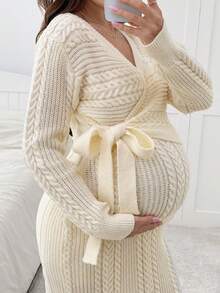 SHEIN 孕妇纯色裹身长袖落肩休闲系腰针织连衣裙 - 杏色 - 查看 3