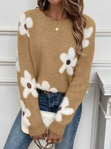 EMERY ROSE Áo len cổ tròn hở vai họa tiết hoa thường ngày dành cho nữ, Thu/Đông - Màu Khaki - Xem 3
