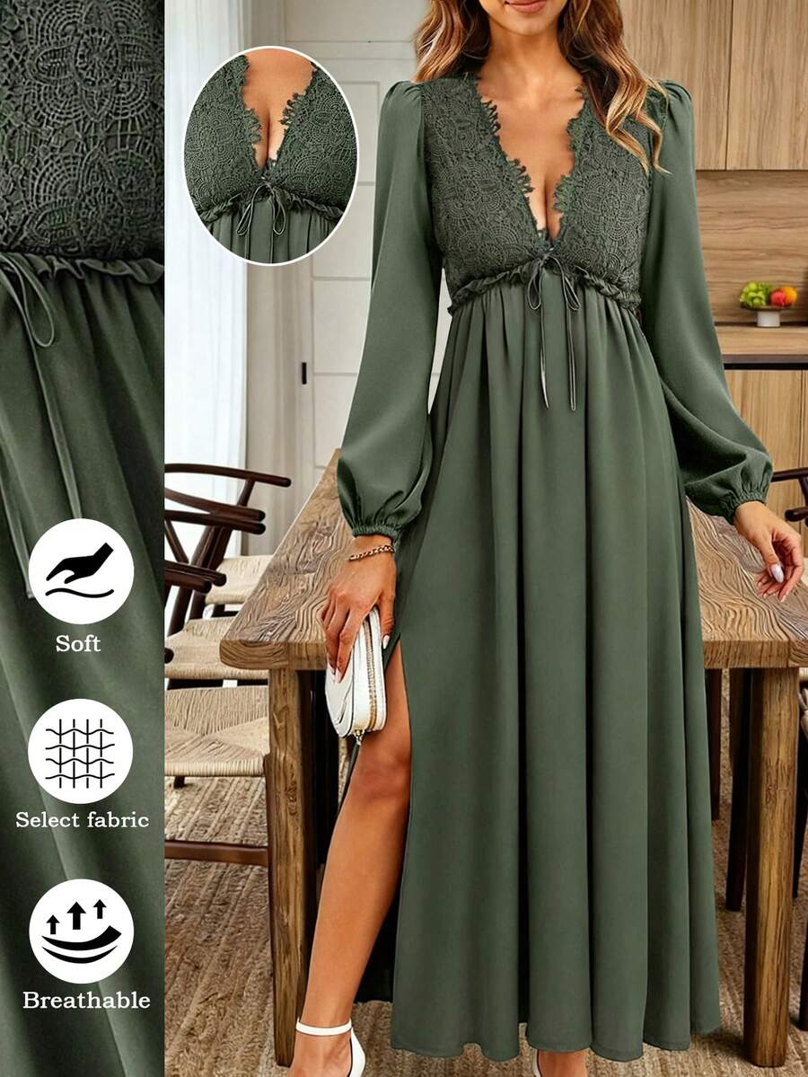 EMERY ROSE Vestido de mujer con parches de encaje floral verde