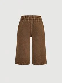 SHEIN Dziewczęce jeansy z szerokimi nogawkami w stylu casual, sprane, vintage - Brązowy - Zobacz 2
