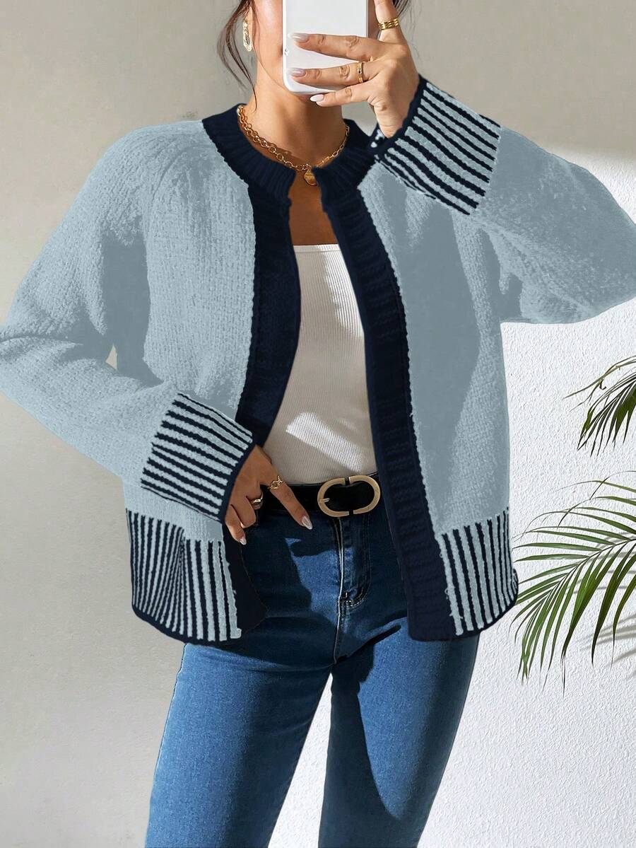 RosyDaze Áo len cardigan sọc đen trắng đa năng thời trang Pháp - Màu xanh lam - Xem 1