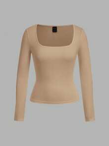 SHEIN EZwear 2pcs/Set Women Square Neck Slim Fit Long Sleeve Casual T-Shirt Set, Brown & Khaki,Fall,Fall Clothes For Women - Multicolor - View 3