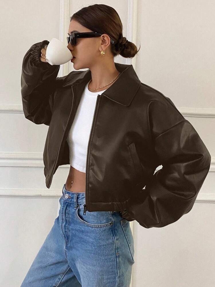 Women's Fashionable Versatile Solid Color Cropped Jacket, Autumn Leather Jacket Women Coats