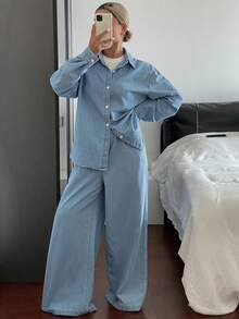 Livesso Bộ 2 món áo sơ mi dài tay cài nút phía trước màu trơn dành cho nữ và quần jeans - Rửa nhẹ - Xem 6