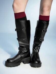 Sugerpunk 女士休闲厚底粗跟中筒靴，百搭 - 黑色 - 查看 3