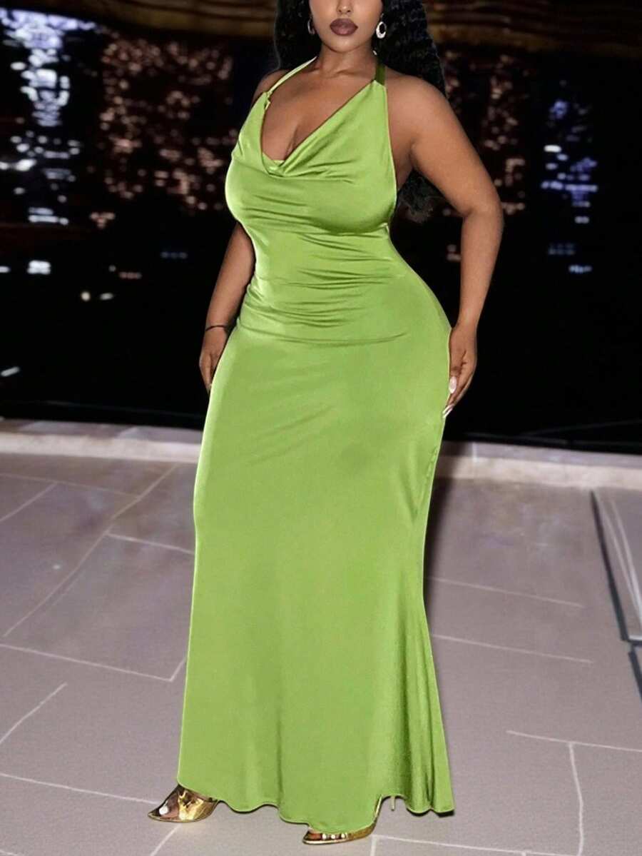 Slaydiva 春夏新款优雅派对性感约会之夜毕业典礼聚会生日礼服纯绿色无袖露背系带深V领金属环装饰鱼尾下摆亮面针织面料大码中长连衣裙，派对礼服，优雅派对礼服，新年礼服- B - 綠色 - 查看 1