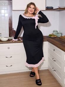 Slumberry CURVE Plus Size Asymmetric Ruffled Contrast Color Comfortable Fitted Asymmetrical Neck Long Nightgown Sexy Nightgown Plus Size, For Fall & Winter - Black - View 5
