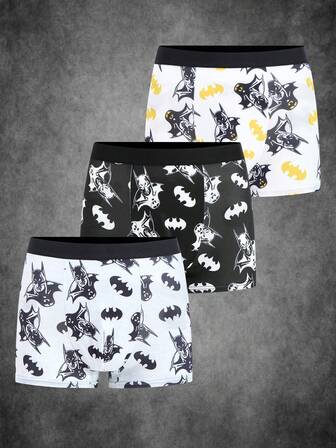 BATMAN X SHEIN 3pcs Men's Black & White Soft & Breathable Bat Print Boxer Briefs, Boxer Briefs,Basic Comfortable Casual ,Soft,Cute Graphic Boxers Men Boxers Pack Cartoon Boxers Men Boxers Graphic Men Boxers Cartoon