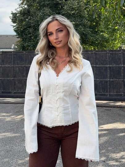 Jeta Ari Women's Elegant Solid Color Lace Trim Blouse,Going Out Tops Women,Cute Shirts,Embroidered Top,Button Up Shirt Women,Vacation Outfits Woman,Old Money,Elegant  Women,Vintage,Summer/Fall,Fall Clothes For Women