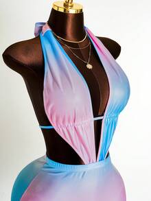 BamGleam The New Style Sexy Sleeveless Neckless Halter Top Revealing Back Openwork Strap Design Mini Shorts Dress For Ladies, With Gradient Coating Printed Fabric, Fashionable And Sexy YK2 Girlie Youthful Energetic Party Dress For Ladies, Suitable For Parties, Bars, Parties And New Year Sexy Formal Dress. - Baby Blue - View 7