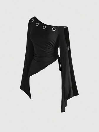 ROMWE Avant Camiseta casual de mujer con hombros asimétricos, cintura ceñida, mangas acampanadas y ojales