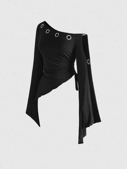 ROMWE Avant Chemise décontractée pour femmes à manches évasées, taille cintrée, épaule asymétrique et œillets de style vintage