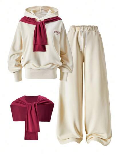 2 件套青少年女孩休闲连帽运动衫套装，正面印有勃艮第字母，针织披肩，抽绳腰裤，罗纹袖口和下摆，适合上学、通勤、购物、散步、旅行，可搭配夹克、背心