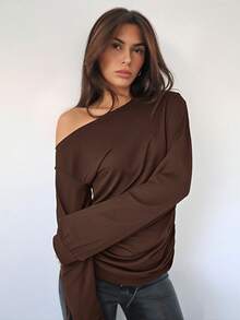 Siren Gaze 女士休闲斜肩褶饰腰长袖T恤，适合秋冬季 - 棕色 - 查看 4