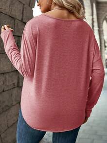 EMERY ROSE Camiseta de manga larga holgada con cuello en V y botones para mujer de talla grande - Rosa - Ver 2
