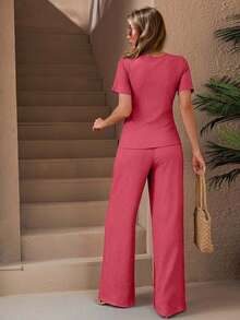 SHEIN Cottnline TEXTURE SOLID COLOR TSHIRT & STRETCH ELASTICAL FIT WAIST STRAIGHT TEXTU PANT CO ORD SET - Rusty Rose - View 2