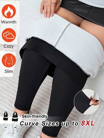 SHEIN CURVE+ 大码女式休闲基本款保暖内衬黑色高腰紧身打底裤，适合秋冬季