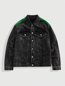 ROMWE MEN TEENAGE MUTANT NINJA TURTLES X ROMWE 男式休闲时尚街头卡通乌龟与标语印花撞色条纹侧毛边翻盖口袋水洗牛仔夹克 - 黑色 - 查看 2